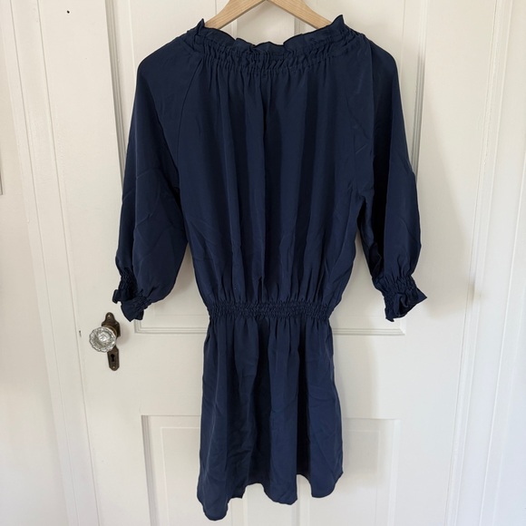 Amour Vert Navy Blue Silk 3/4 Sleeve Ruched Mini Dress Size Small S - Picture 3 of 3